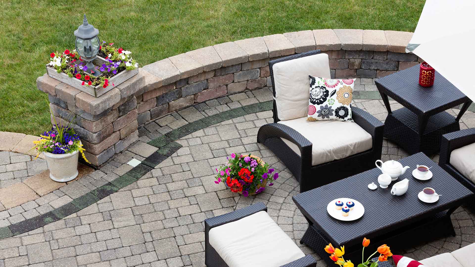 Aerial view of patio and retaining wall at a home in Mauldin, SC.